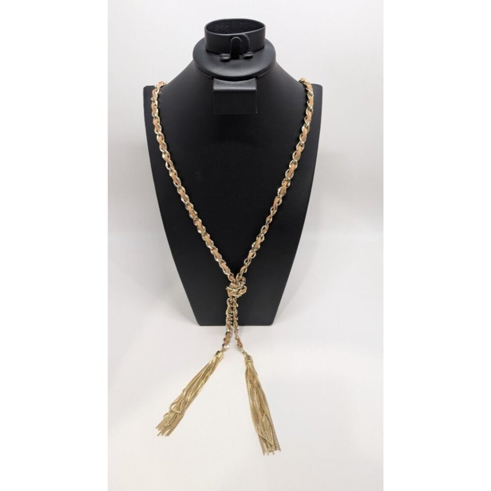 White House Black Market Gold & Leather Chain Tassel Necklace